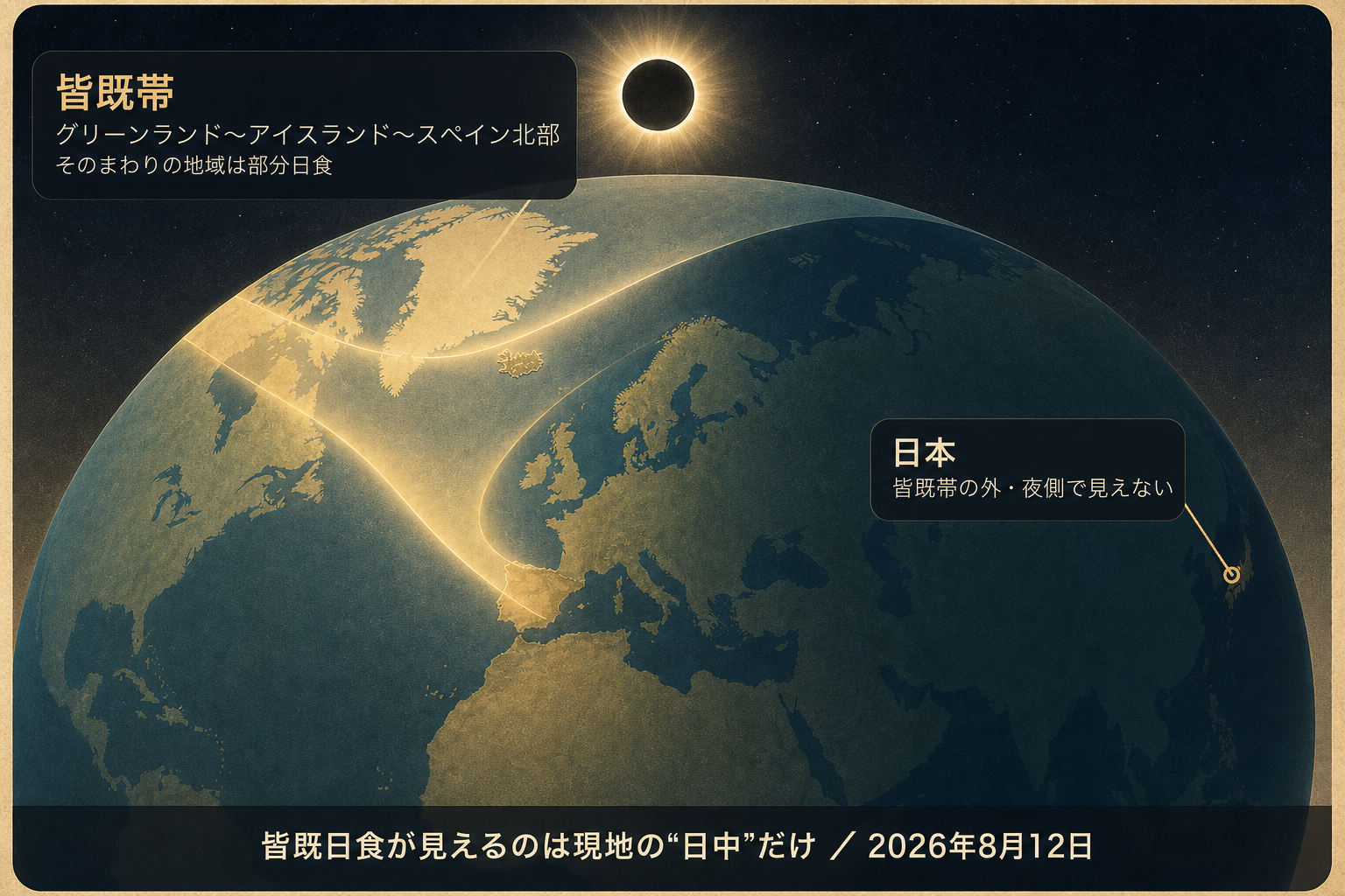2026年8月12日の皆既日食の皆既帯を示す模式図。帯はグリーンランドからアイスランド、スペイン北部を通り、日本は帯の外にある。